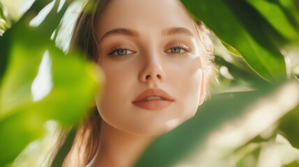 A young woman gazes serenely through lush green leaves in a sunlit garden during a warm afternoon.