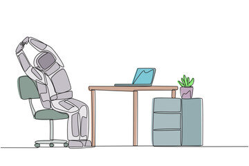 Single continuous line drawing astronaut sitting in work chair while raising both hands. Stretching. Squirming. Space expedition report is ready to be completed. One line design vector illustration