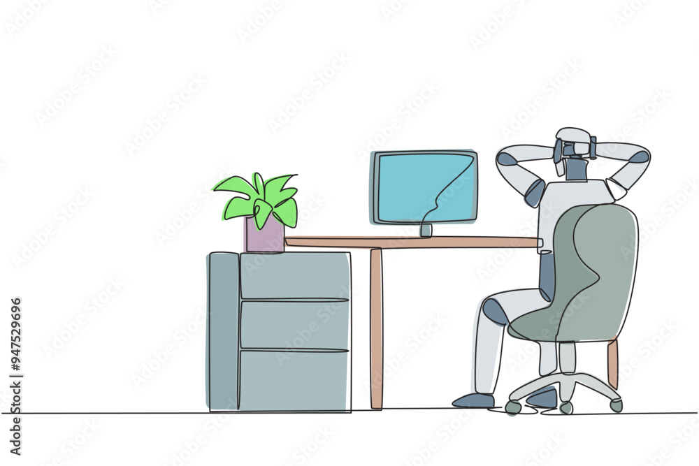 Aufkleber single one line drawing robot sitting in chair with his hands holding the back of head. take a break