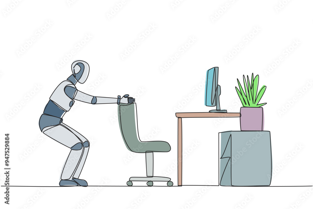 Poster single continuous line drawing smart robot stands with a slight bend and both hands hold the top of 