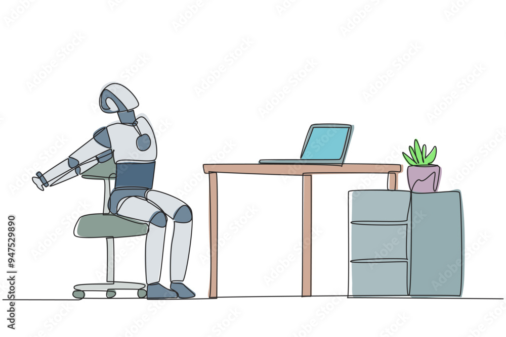 Aufkleber single continuous line drawing robot sitting in work chair stretching arms behind back. stretching r