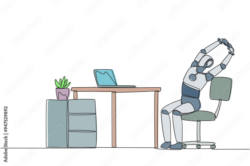 Poster single one line drawing robot sitting in work chair while raising both hands. stretching. make time 