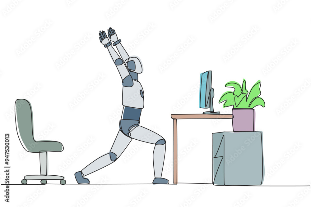 Poster continuous one line drawing robot stands with both hands raised and legs stretched. robots increase 