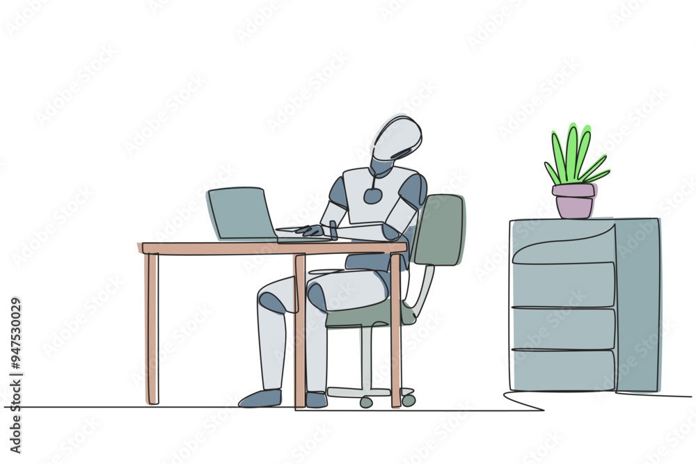 Poster single continuous line drawing robot sitting in work chair typing on a laptop with his head tilted. 