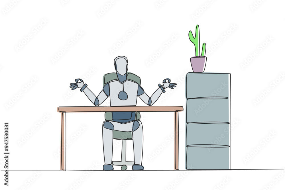 Poster single one line drawing robot sitting in a work chair with his fingers rounded. robots need a sense 