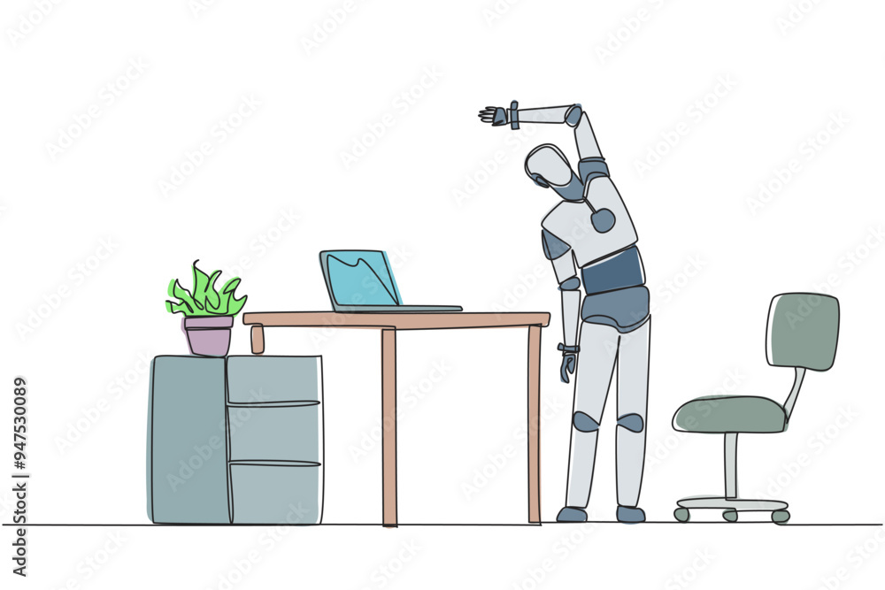 Aufkleber single one line drawing robot stands while raising one hand and tilting body. a robot that is smart 