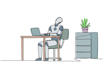 Single continuous line drawing robot sitting in work chair typing on a laptop with his head tilted. Sore. Stiff neck. Programmed similar to humans. Technology. One line design vector illustration