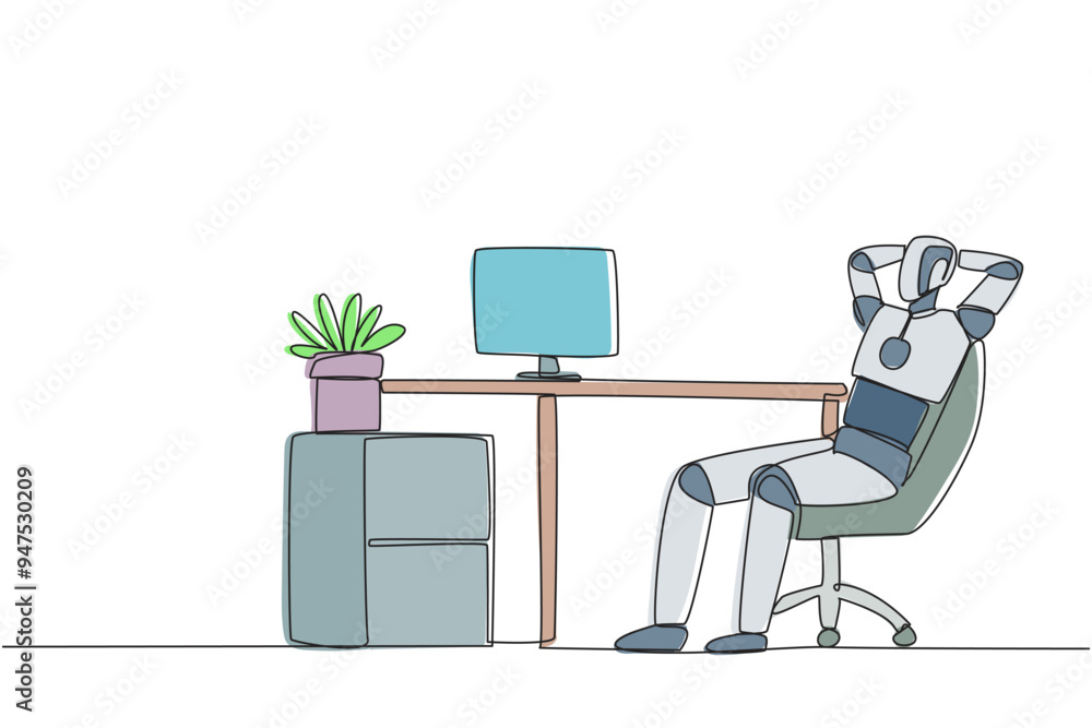 Poster single one line drawing robot sitting in work chair with his hands behind his head. relax. see the p