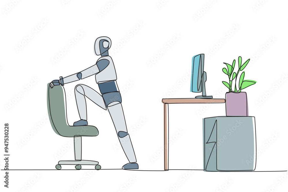 Poster continuous one line drawing robot stands while lifting one of his legs onto a chair. robot exercisin