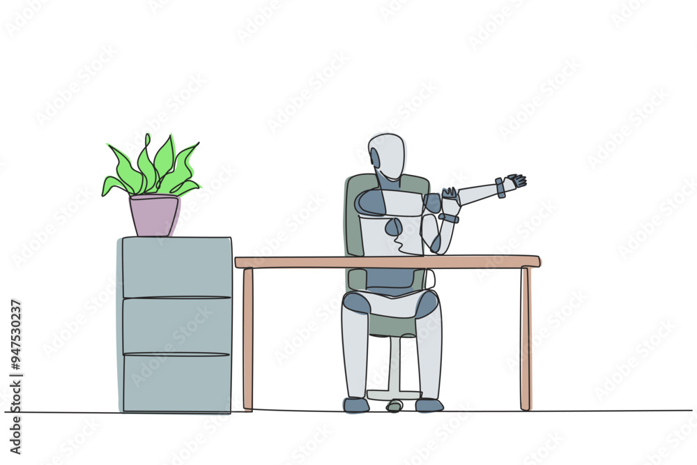 Aufkleber single continuous line drawing robot sitting in a work chair with his arms crossed. stretching. trai