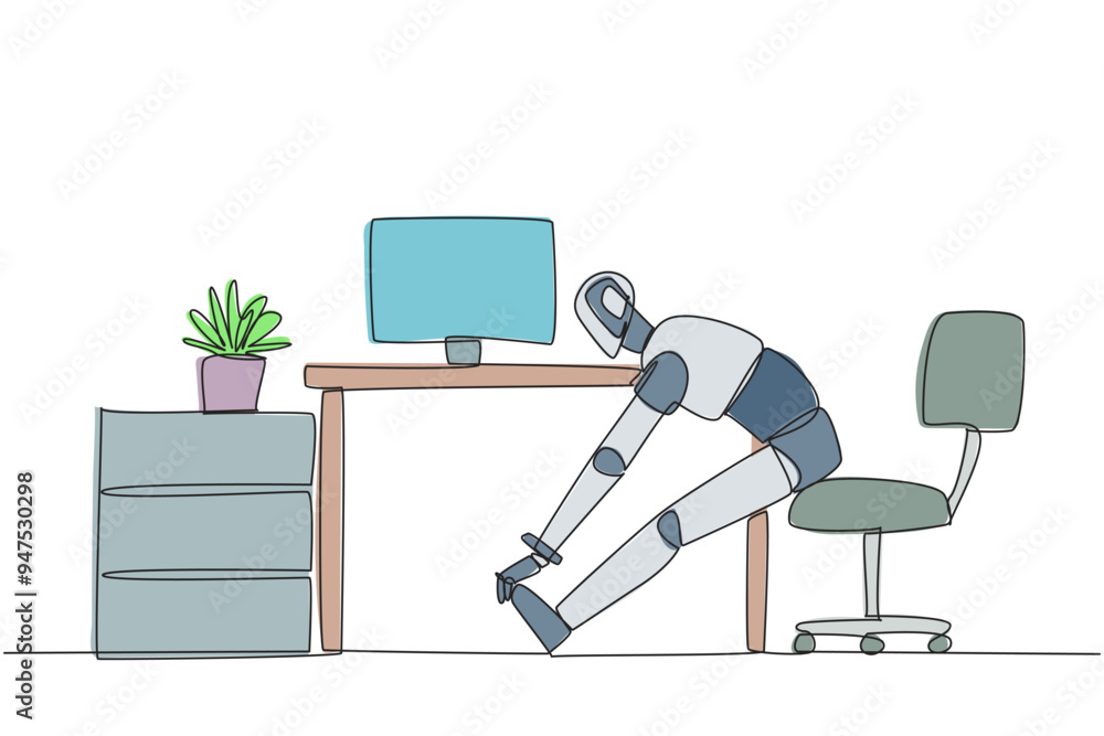 Poster single continuous line drawing robot sits in work chair with his legs straightened, hands hold legs.