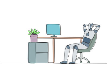 Single one line drawing robot sitting in work chair with his hands behind his head. Relax. See the programming process for making other robots. Technology. Continuous line design graphic illustration