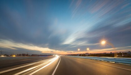 Fototapeta premium wide angle photo of a city road with a speed blur in the evening.transportation, freeway, drive, transport, way, driving, 