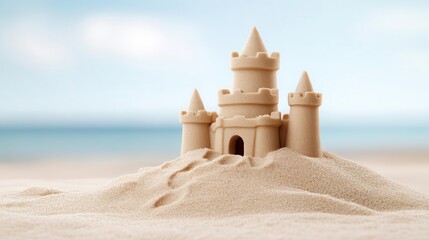 A beautifully crafted sandcastle on a serene beach, showcasing creativity and summer fun against a tranquil ocean backdrop.