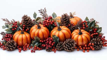 Autumn-themed arrangement of pumpkins, pinecones, and berries on a white background