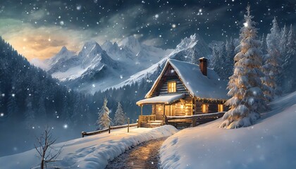Fototapeta premium winter atmospheric landscape. in the background mountains, night, light snowfall and a lonely house with a light in the window and garlands