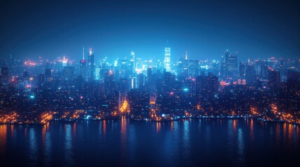 Naklejka premium Night Skyline of a City with Reflections in the Water