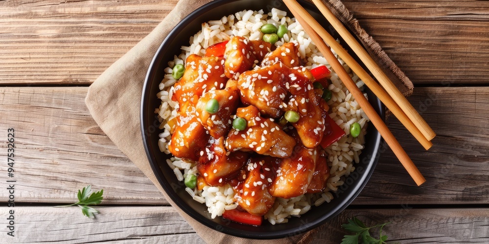 Poster Honey Sesame Chicken served on brown rice in a bowl with chopsticks on a dark wooden tabletop, overhead view with space for text.