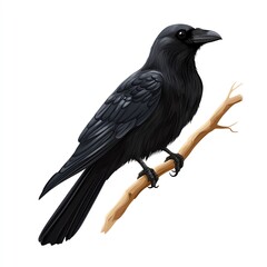 Fototapeta premium Black raven perched on a branch, isolated on white background.