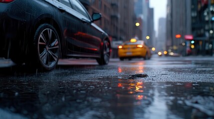 A close view of a black car on a rainy city street, with reflections on the wet pavement and a...