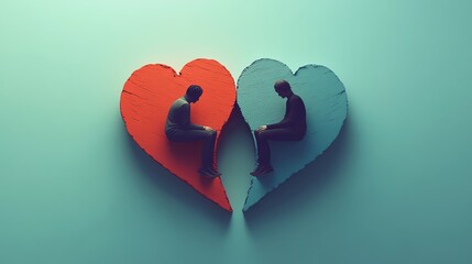Two figures sit on broken hearts, symbolizing heartbreak and separation.