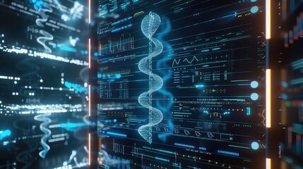 A close-up shot of a digital screen with a glowing, DNA-like structure and data visualization.