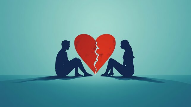 Silhouettes of a couple sitting apart with a broken heart between them.