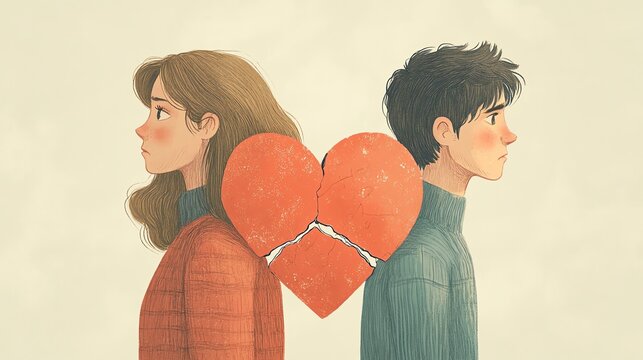 A couple stands back to back, a broken heart between them, symbolizing heartbreak and separation.