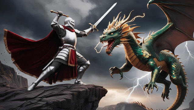 knight fighting dragon in fantasy 
