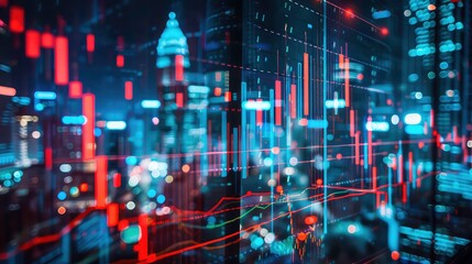 An abstract cityscape at night, with blurry lights and superimposed data visualizations, creating a sense of futuristic technology.