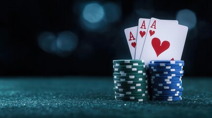 A close-up of four aces and poker chips, showcasing a winning hand in a vibrant gaming atmosphere.