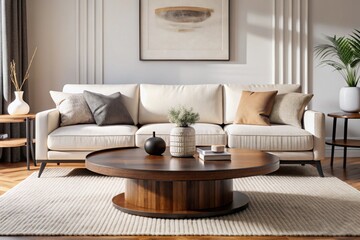 Round wood coffee table against white sofa. Scandinavian home interior design of modern living room