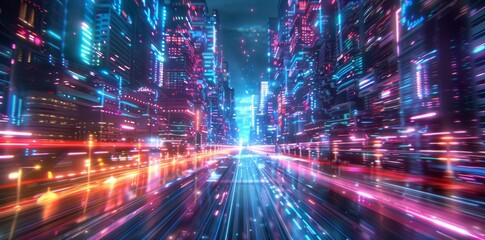 A vibrant depiction of digital data streams flowing through a futuristic neon cityscape.