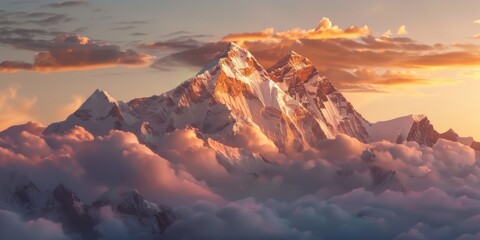 Fototapeta premium Majestic mountain range at dawn with a lone hiker, sunrise expedition, serene beauty, high-altitude journey