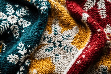 Cozy Christmas background with a knitted sweater pattern in festive colors