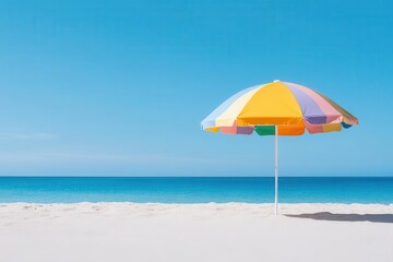 A colorful beach umbrella stands on soft sand, against a clear blue sky and serene ocean, perfect for summer vacations.