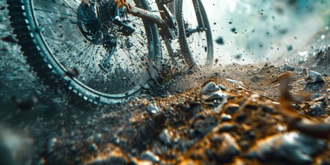 Obraz premium Mountain bike tire on rugged trail, close-up, mud splatter, extreme sports. Generative AI