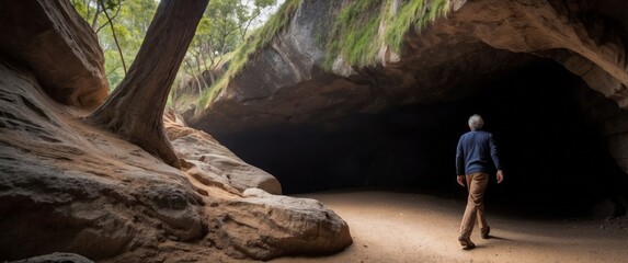 Obraz premium Man Walking Towards Dark Cave Entrance in Rock Formation