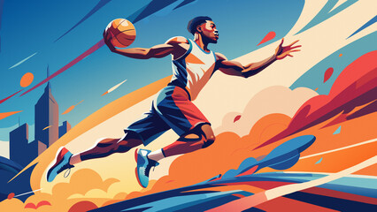 Illustration of a basketball player throwing the ball with one hand. The color palette consists of blue, orange and white shades. The player is wearing a basketball jersey and shorts