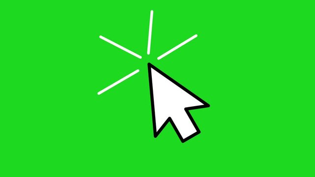 Animated icon of arrow cursor. Mouse click symbol with blink spark. computer desktop icons animation. Flat illustration isolated on green background. Chroma key. 4K