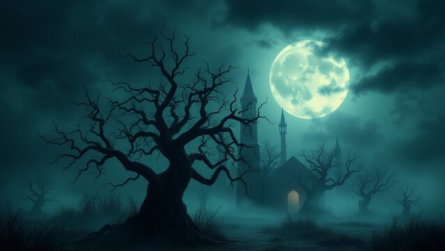 Eerie haunted house illuminated by a full moon on a dark night