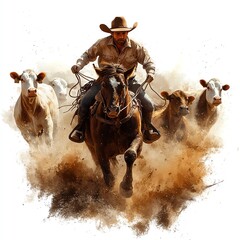 Cowboy on horseback driving a herd of cattle through dust.