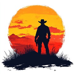 A cowboy silhouette at sunset clipart, Western theme, flat design, with a vibrant orange and yellow sky, isolated on white background