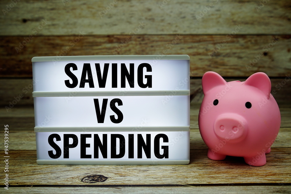 Poster saving vs spending text on led lightbox with piggy saving on wooden background