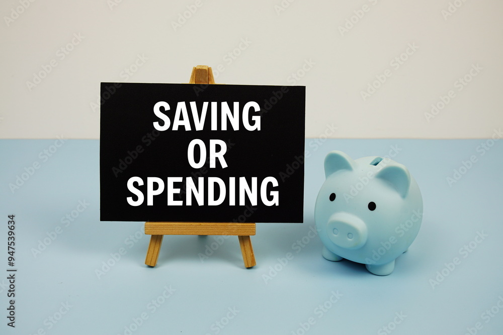 Poster saving or spending text on paper card and easel standing with piggy saving on blue background