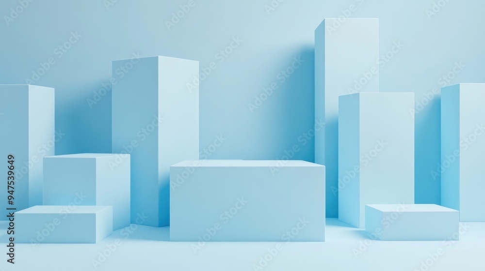 Poster studio setup featuring a light blue backdrop with cube pedestals of varying sizes 3d illustration an