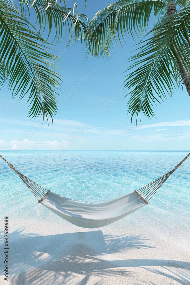 Poster a 3d illustration of a tropical paradise with a hammock between two palm trees and a clear ocean vie
