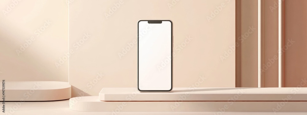 Poster Minimalist smartphone mockup background featuring a frameless white mobile phone in 3D render Conceptual technology gadget display with platforms and podiums for product showcasing