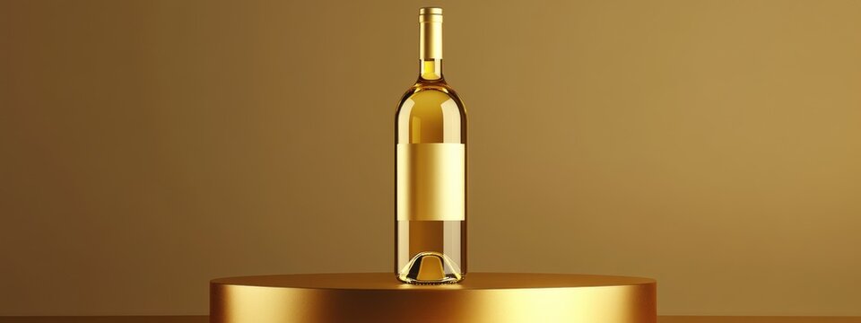 Wine Bottle icon Yellow gold wine bottle symbol on a golden podium 3D rendered social media icon