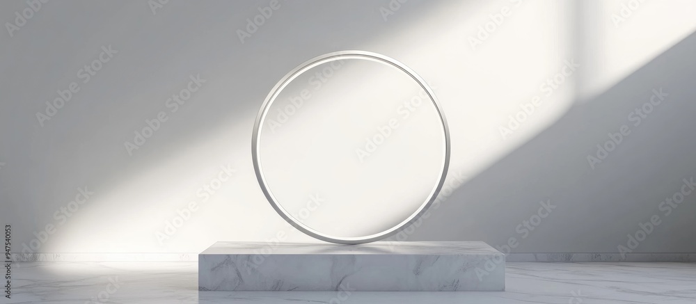 Poster Winner podium display on a white background with a circular ring representing success Blank product shelf backdrop 3D rendering